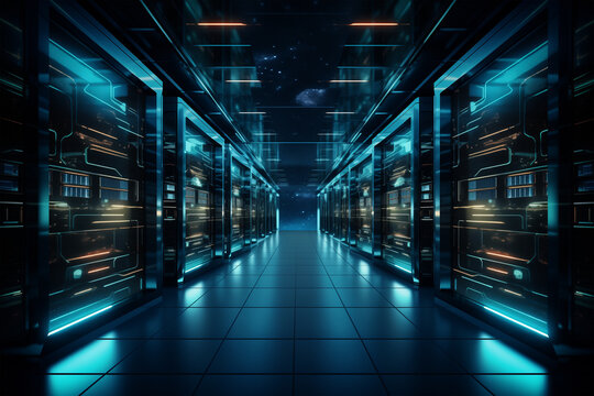 Server room in a modern office of a technology company.