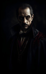 Photorealistic portrait of a Romanian Vampire. Dracula from Transylvania  on dark background, scarry, Majestic, realistic image. 