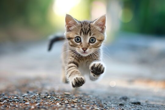 A striped kitten is running on the ground. Front focus photo, blurred background, cute kitten concept.