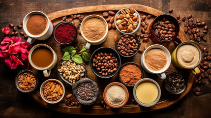 Delve into a top view spice symphony, where an assortment of flavorful seasonings is elegantly arranged in cups. A captivating and aromatic culinary background. - obrazy, fototapety, plakaty