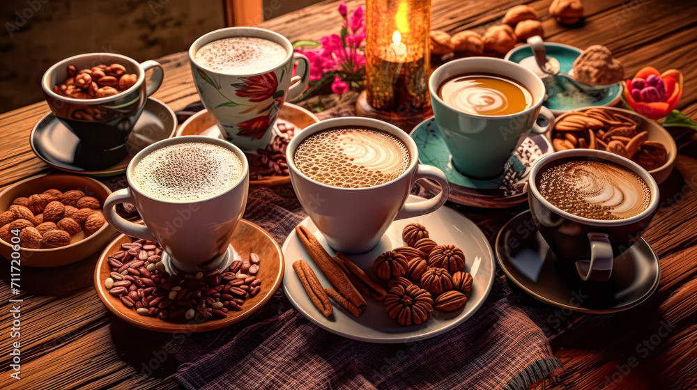 Poster immerse yourself in a tempting tableau of diverse coffee cups surrounded by an array of nuts and spi