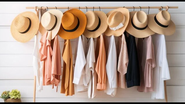 Collection of pastel colored women clothes hanging on rack in dressing room. Summer, vacation, capsule wardrobe concept