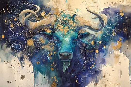 Watercolor painting of Taurus the zodiac background concept horoscope illustration.