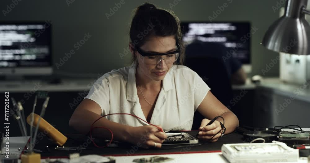 Poster Motherboard, IC meter and woman repair computer hardware, electronics or test semiconductor for maintenance check. Night, circuit board and technician problem solving, troubleshooting or fixing CPU