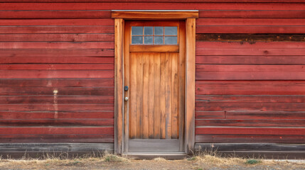 Closed wooden door on a textured red barn.