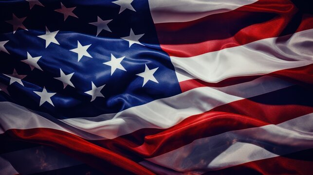 Close up view of american waving flag, stars and red and white stripes. American independence day background wallpaper.