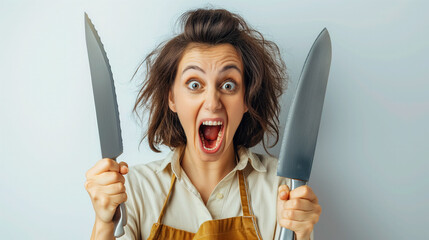 Excited woman holding two large kitchen knives. - obrazy, fototapety, plakaty