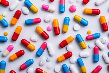 High angle view of various colored pill capsules on a white background. Medicine, medical, medical concept.