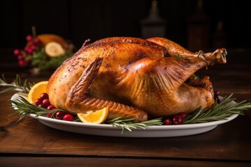 Delicious turkey with pomegranate and oranges on a plate