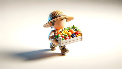 cartoon farmer carrying a box of fruit, isolated on a white background