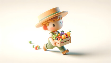 Cute cartoon farmer carrying a box of fruit, isolated on a white background