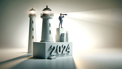 businessman standing on a structure labeled 2024 and looking