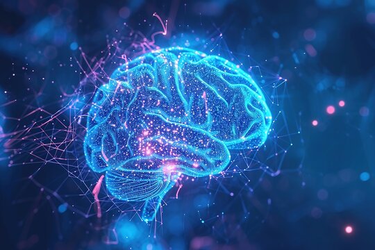 Wireframe image of brain, blue background, 3D rendering, technology, concept, brain scan, modern line art. Hi-Tech Futuristic