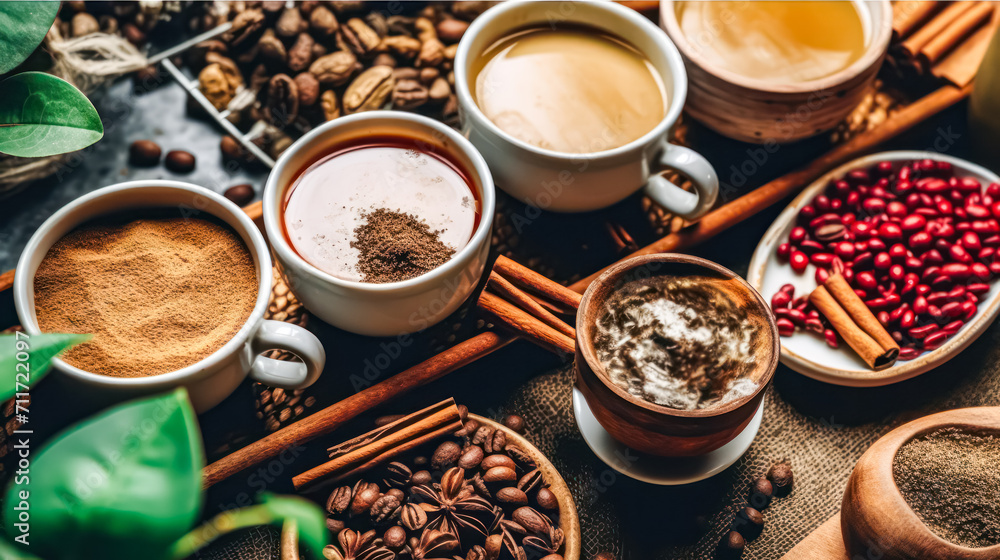 Poster immerse yourself in a tempting tableau of diverse coffee cups surrounded by an array of nuts and spi