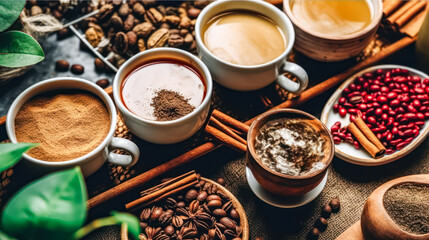 Fototapeta na wymiar Immerse yourself in a tempting tableau of diverse coffee cups surrounded by an array of nuts and spices. A rich sensory experience captured in one image.
