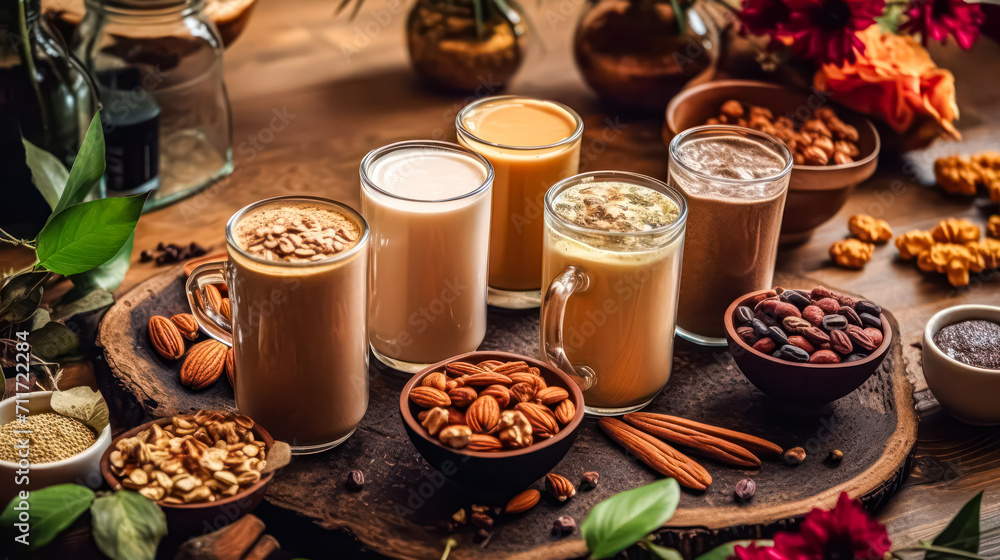 Poster immerse yourself in a tempting tableau of diverse coffee cups surrounded by an array of nuts and spi
