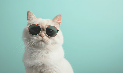 Fluffy white cat in sunglasses on a blue background with space for text.