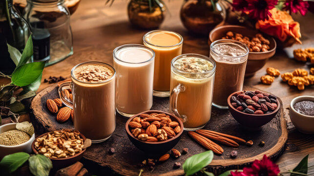 Immerse yourself in a tempting tableau of diverse coffee cups surrounded by an array of nuts and spices. A rich sensory experience captured in one image.