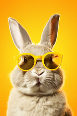 Rabbit in sunglasses on a yellow background