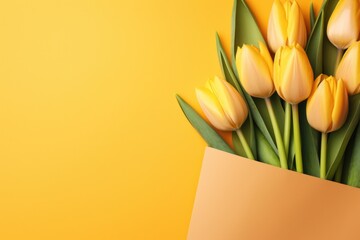 Fresh tulips in a craft envelope on a yellow background