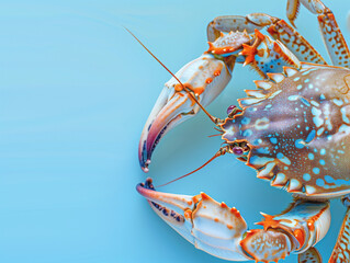 Blue crab on a blue background with space for text. Close-up. View from above.