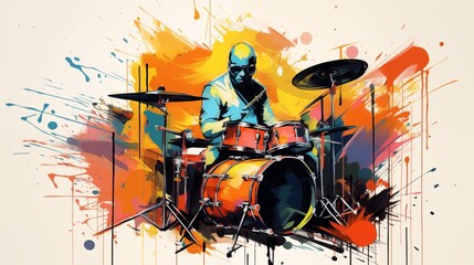 Abstract and colorful illustration of a man playing drums on a cream background