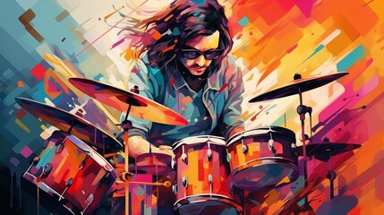Abstract illustration of a man playing drums on a colorful background