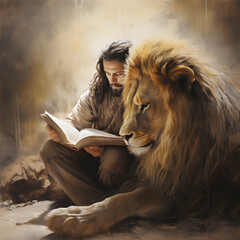 Daniel in the lions' den illustration from the bible. Old testament prophet Daniel sitting next to the lion - obrazy, fototapety, plakaty