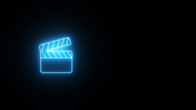 recommend clip art: Neon clapboard icon. glowing film clapperboard. film, movie, or tv clapperboard symbol. cinema action scene cut clap board sign on the black background.