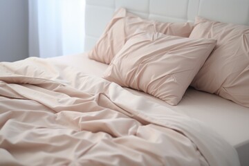 Fototapeta na wymiar Bed with beige bed linen