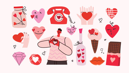 Valentine day elements huge vector set. Gifts, couple in love, chocolate, hearts, envelopes, desserts, floral bouquets, lips and other traditional decorations. Perfect for stickers and greeting cards.