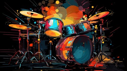 Abstract and colorful illustration of drums on a black background