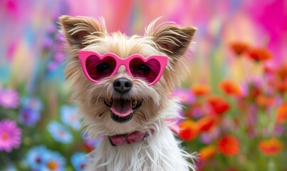 A very cute cheerful dog rejoices at the arrival of spring. A happy dog wearing pink heart-shaped...