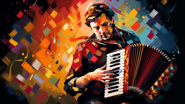 Abstract and colorful illustration of a man playing accordion on a black background
