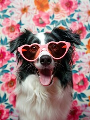 Fototapeta premium Black and white fluffy dog with an open mouth in a good mood. Dog wearing pink heart-shaped sunglasses on a background with red flowers.