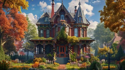 A historic Victorian house adorned with intricate woodwork and vibrant stained glass windows, standing as a timeless masterpiece. - Powered by Adobe