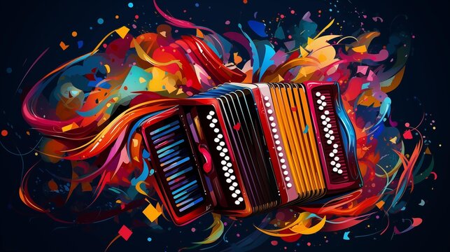 Abstract and colorful illustration of an accordion on a black background