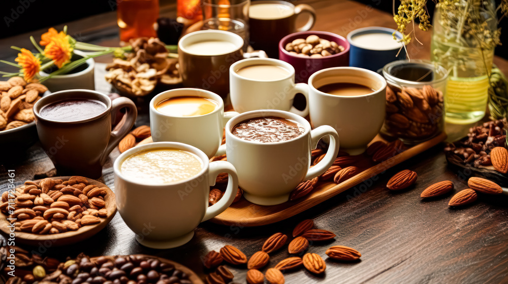 Poster immerse yourself in a tempting tableau of diverse coffee cups surrounded by an array of nuts and spi