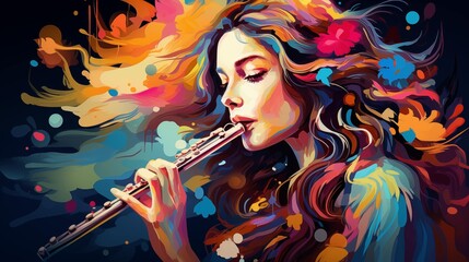 Abstract and colorful illustration of a woman playing flute on a black background - obrazy, fototapety, plakaty