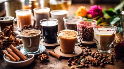 Fotobehang Immerse yourself in a tempting tableau of diverse coffee cups surrounded by an array of nuts and spices. A rich sensory experience captured in one image. © Людмила Мазур