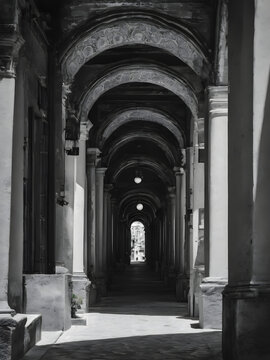Capture aview of historic street buildings, dotted with ancient arches and facades, in black and white