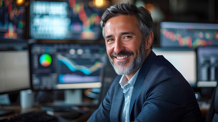 Smiling Mature Business Man Crypto Broker at Work - Financial Investor, Trader, Expert Adviser