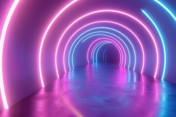 Obraz premium 3d rendering. Abstract tunnel background made of blue - pink neon stripes and ascending ribbons