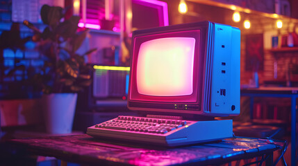 A vintage computer with a CRT monitor from the 80s or 90s, with neon colored lights giving it a retro and nostalgic vibe. - obrazy, fototapety, plakaty
