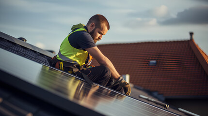 Solar Power Engineer Installing Solar Panels - Renewable Green Energy Generation Concept