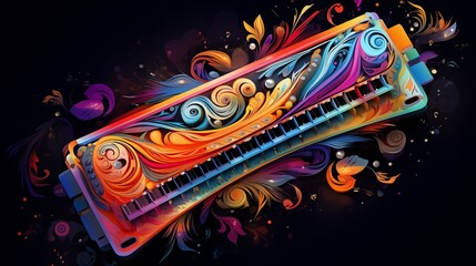 Abstract and colorful illustration of a harmonica on a black background