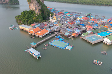 Aerial view of Koh Panyee, The Floating village urban city town houses, lake sea or river. Nature...