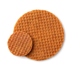 Large and mini fresh baked stroopwafel, syrup waffles, isolated on white background close up