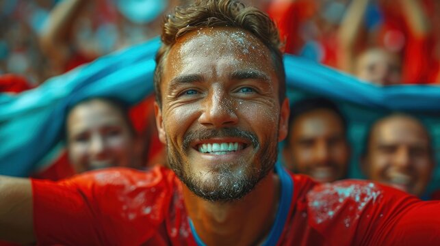  A Close Up Of A Person Wearing A Red Shirt And A Group Of People In Blue And Red In The Background And A Man With A Beard In The Foreground.