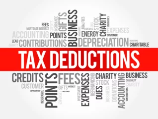 Fotobehang Tax Deductions - items you can subtract from your taxable income to lower the amount of taxes, word cloud concept background © dizain
